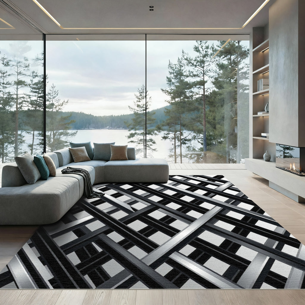 Modern Monochrome Intersecting Diagonal Grid Rug
