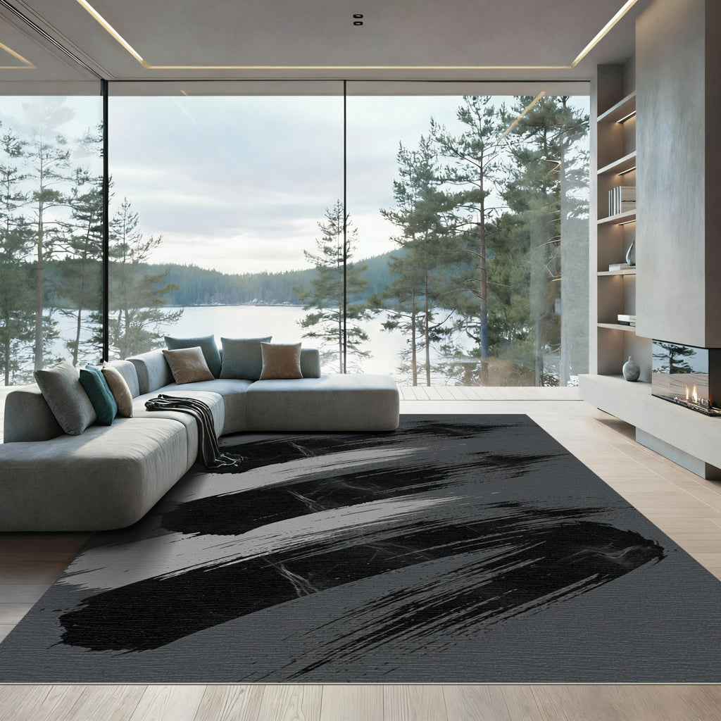 Modern Abstract Monochrome Brush Stroke Rug