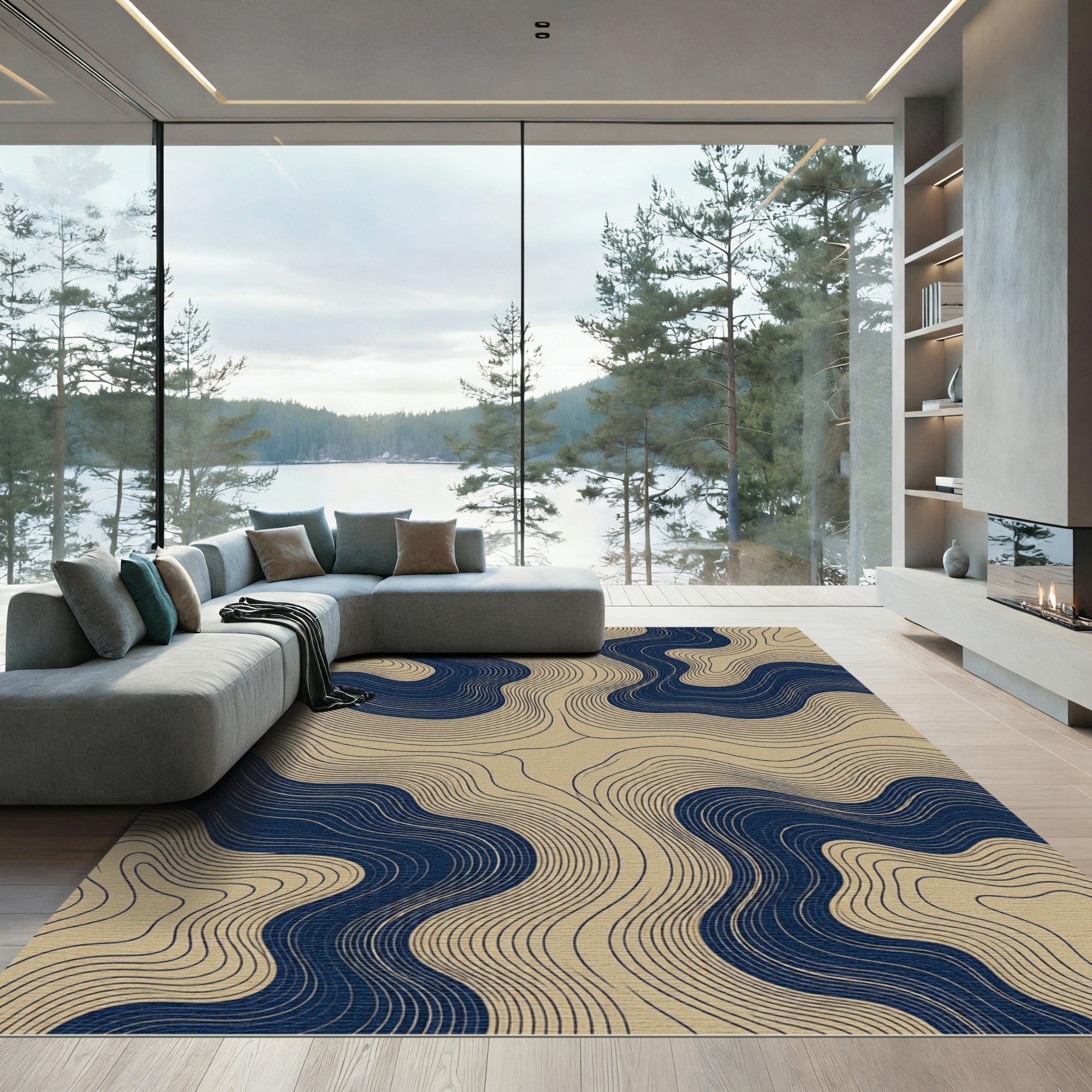 Navy and Gold Fluid Flowing Contours Rug