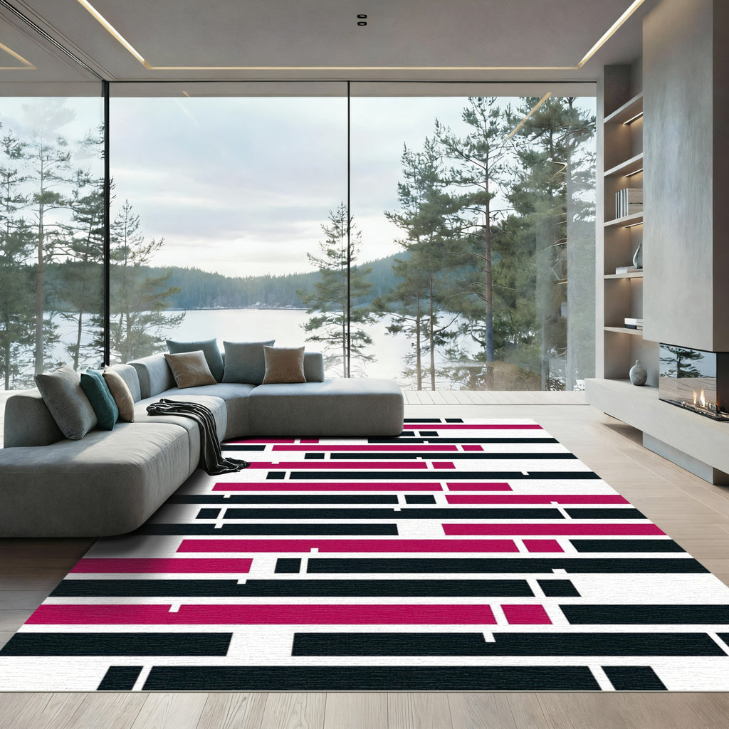 Modern Magenta and Black Horizontal Stripe Rug
