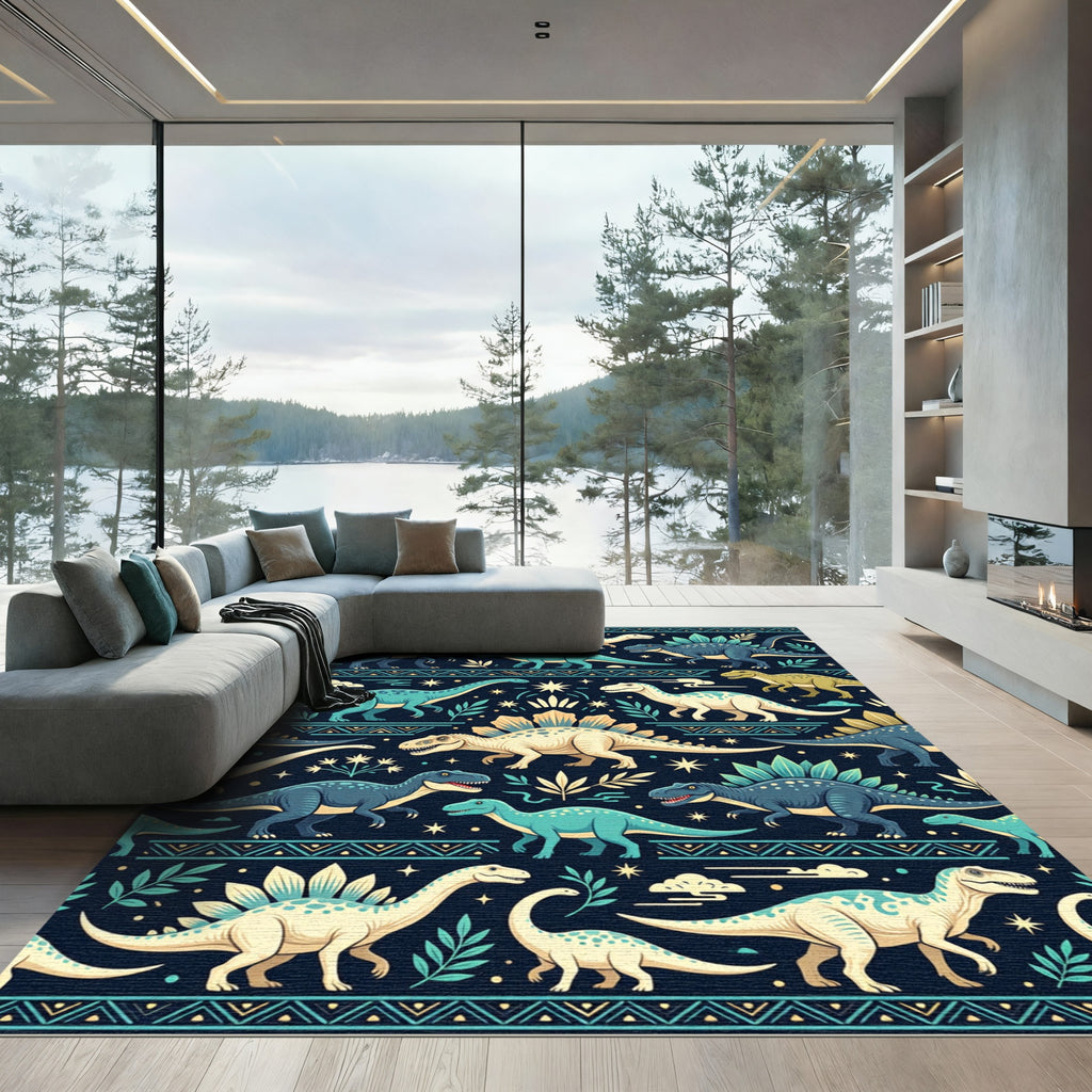 Dino Forest Navy Teal Playful Rug