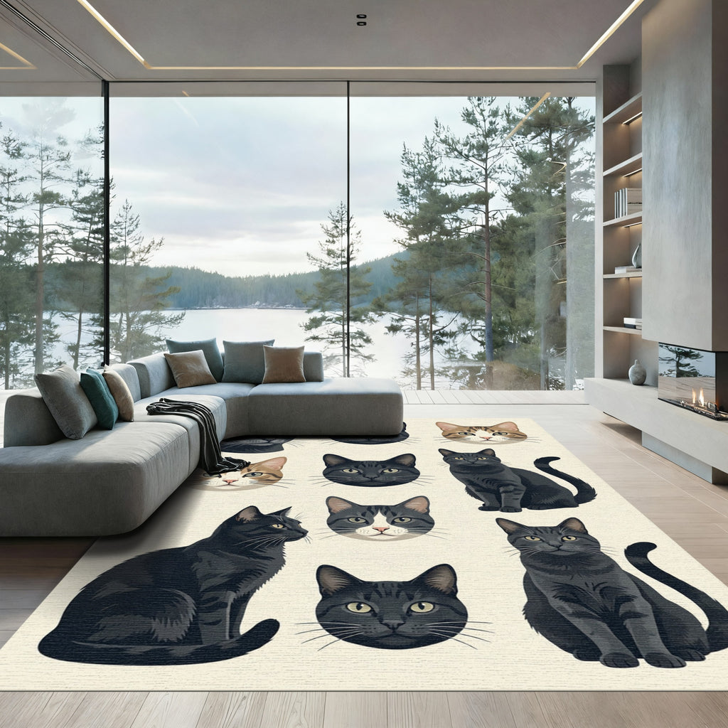 Captivating Charcoal and Brown Feline Faces Rug