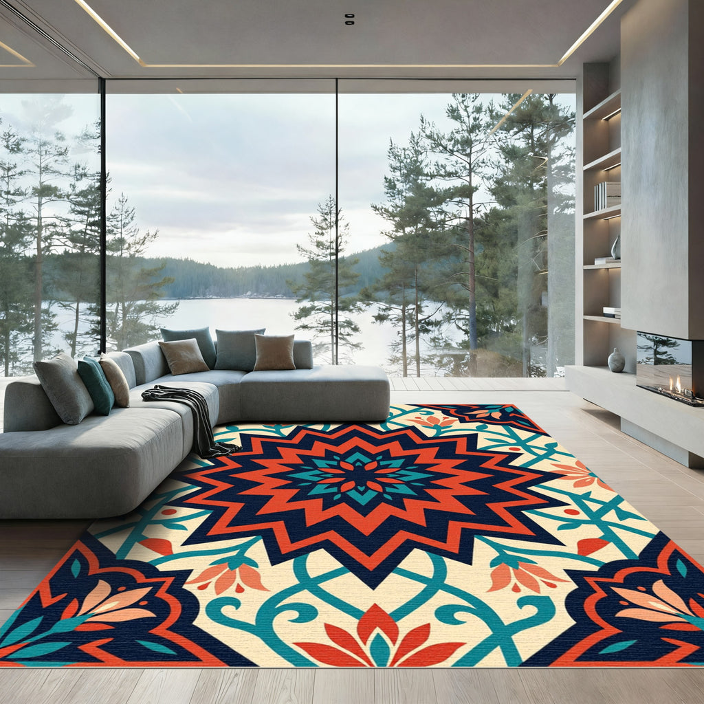 Bold Geometric Orange Teal Floral Medallion Rug
