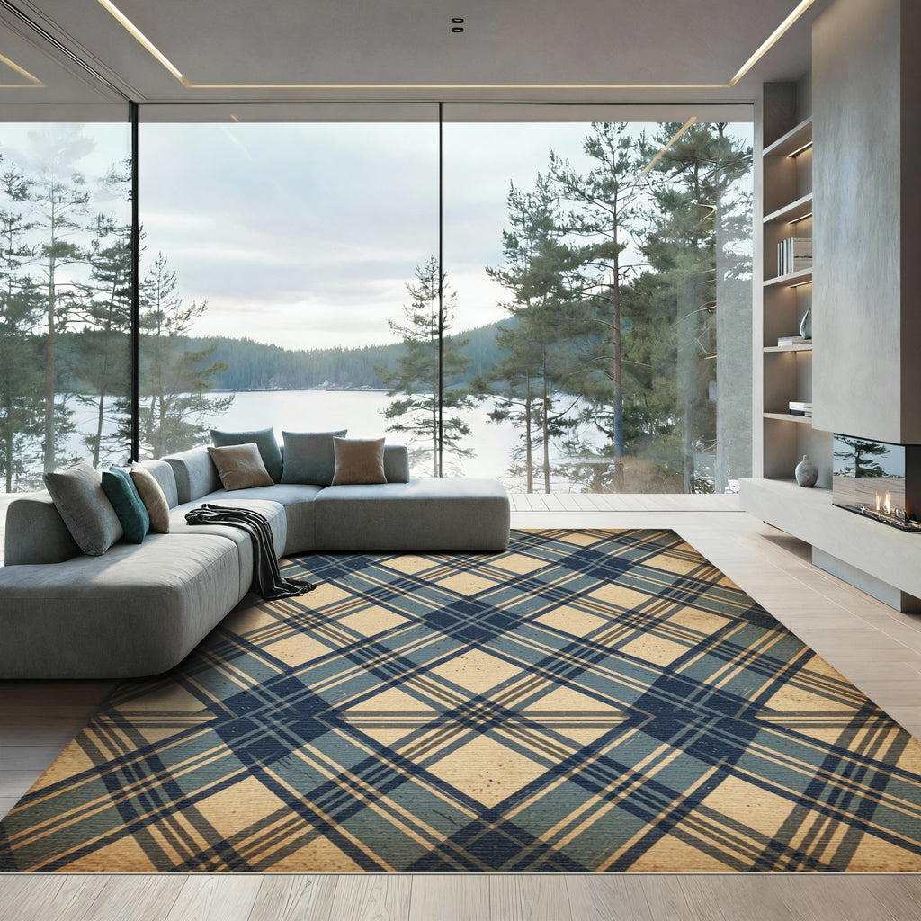 Vintage Blue Tartan Checkered Rug
