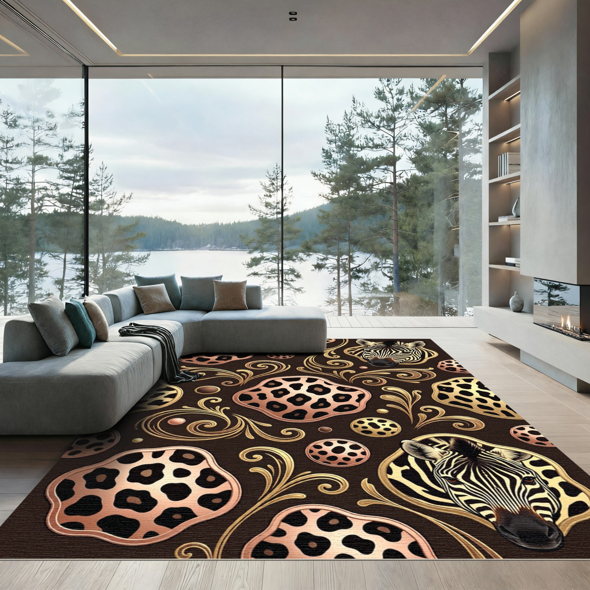 Golden Zebra Leopard Baroque Ornament Rug