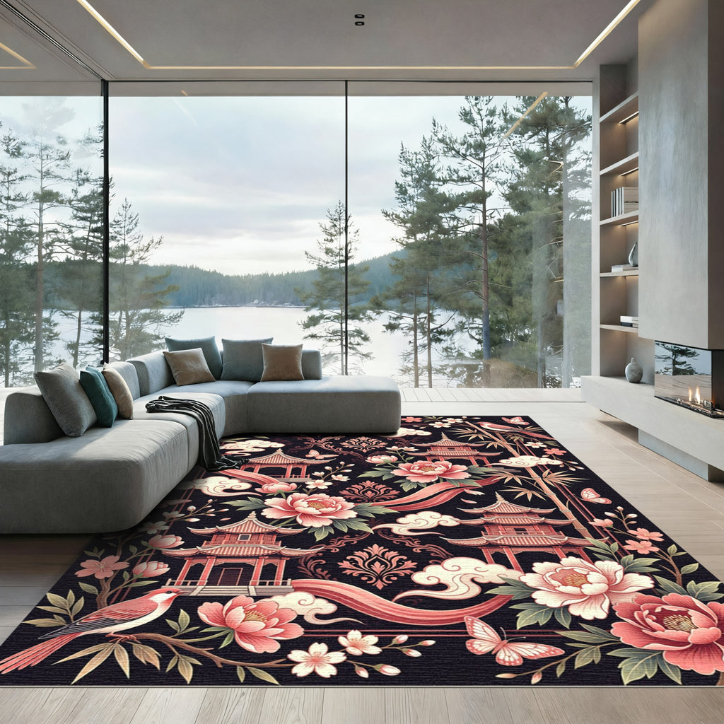 Pink Peony Chinoiserie Pavilion Bird Scroll Rug