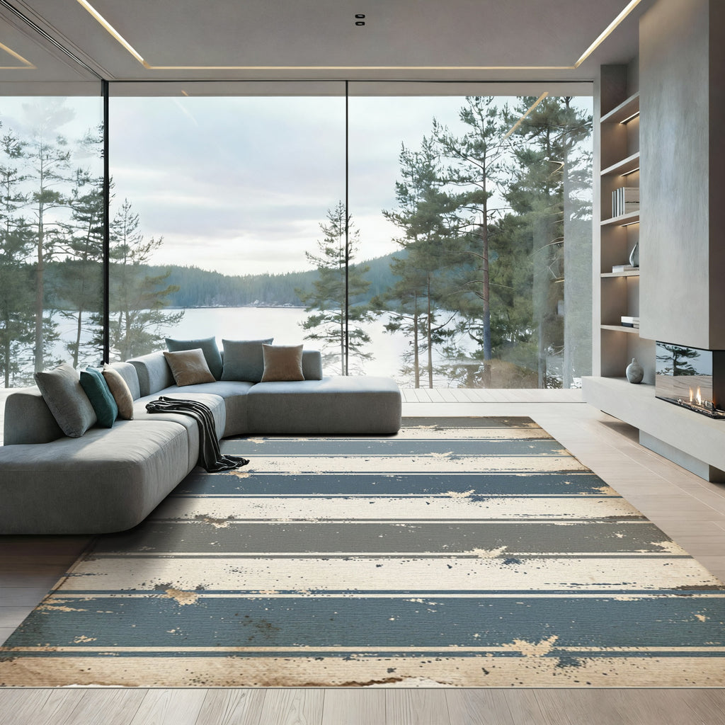 Muted Blue Neutral Stripe Splatter Rug