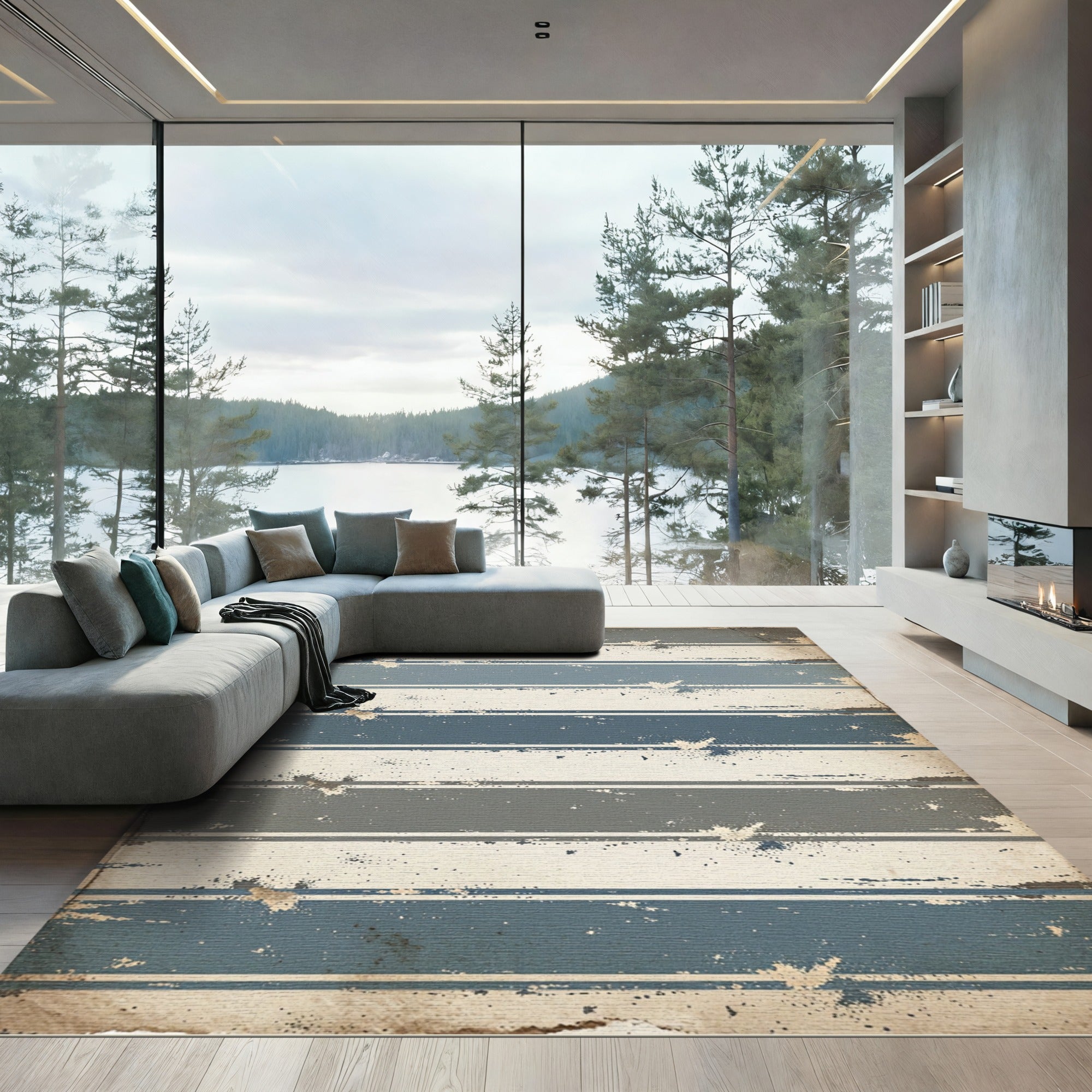 Muted Blue Neutral Stripe Splatter Rug
