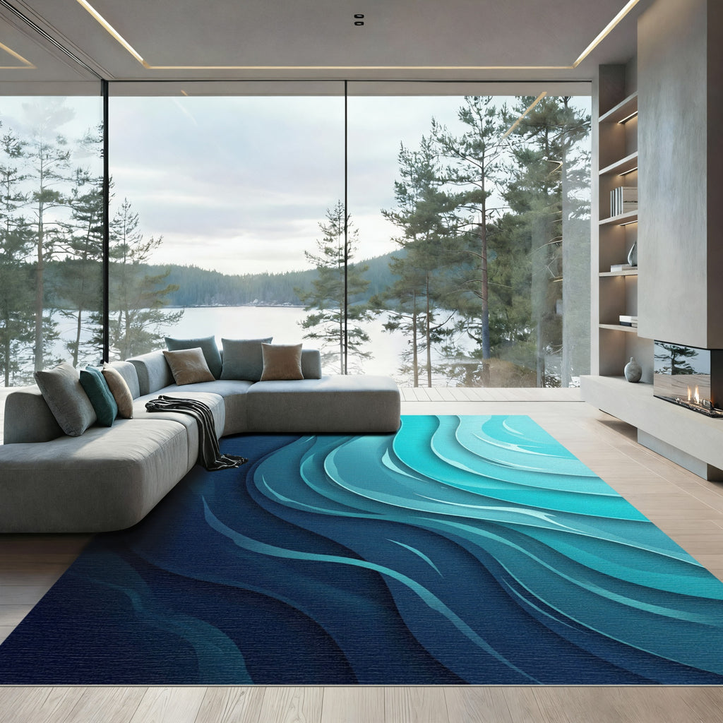 Abstract Oceanic Indigo and Teal Waves Rug