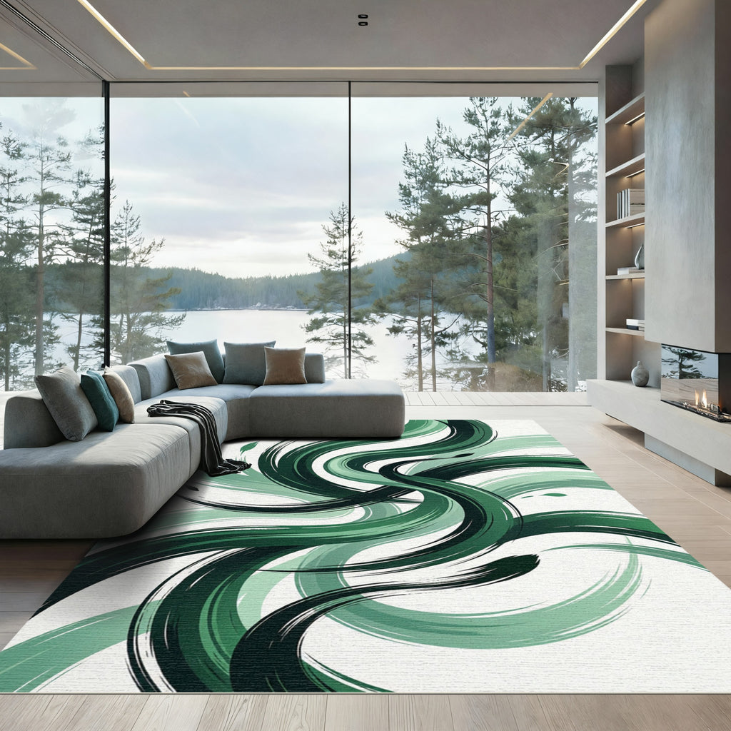 Emerald Green Abstract Flowing Waves Rug