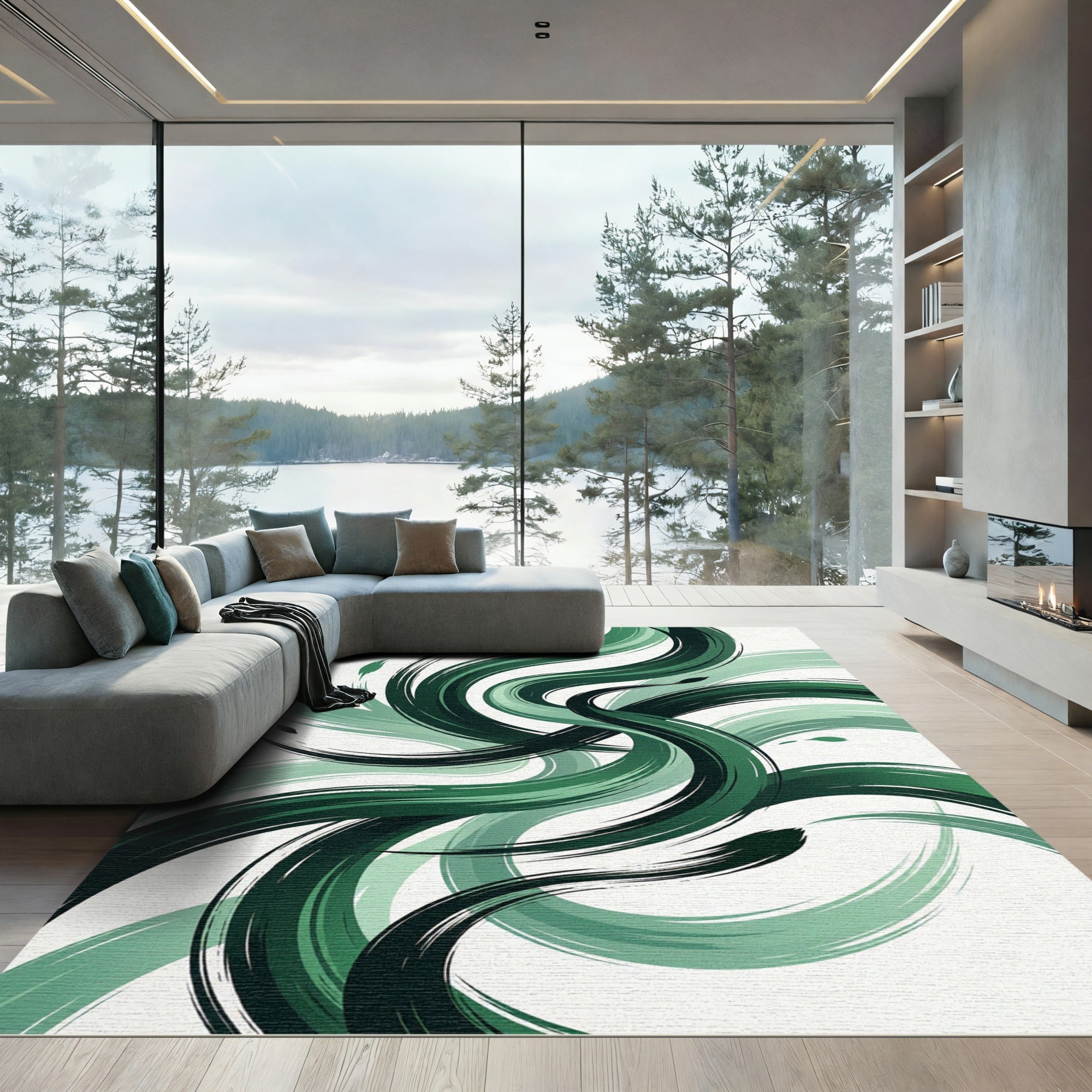 Emerald Green Abstract Flowing Waves Rug