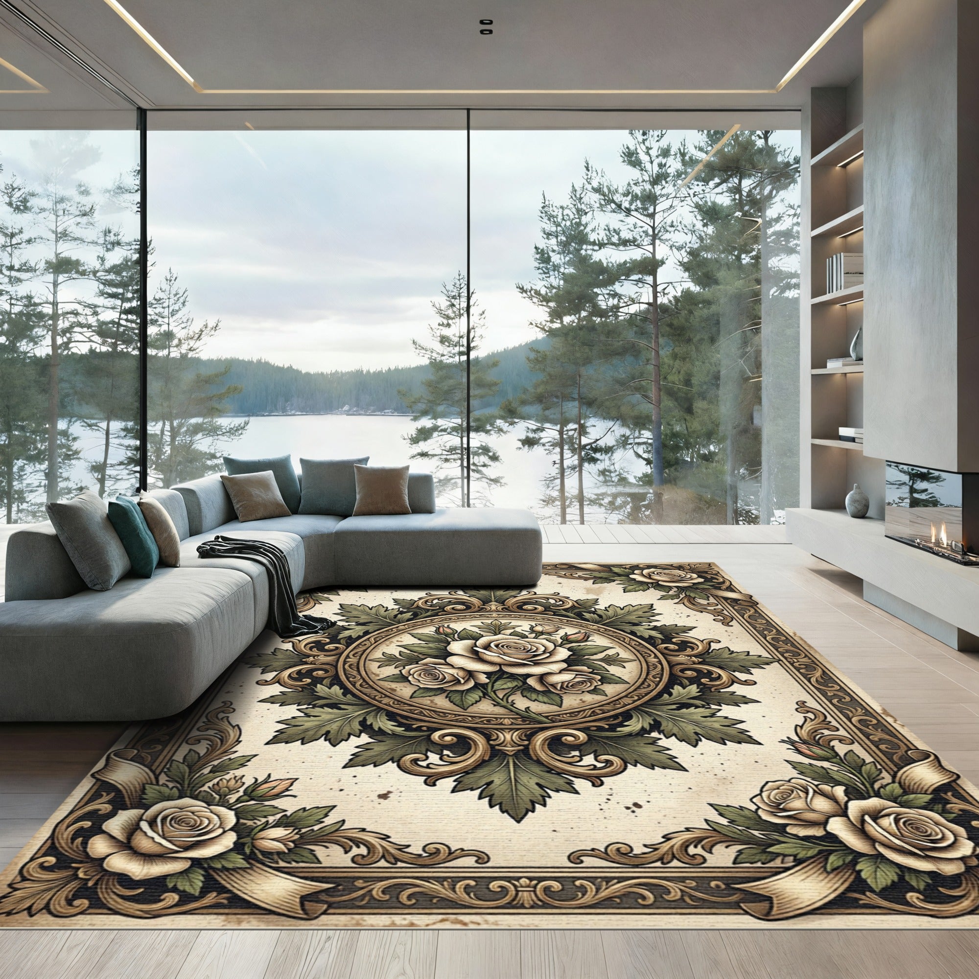 Antique Cream Rose Floral Medallion Rug