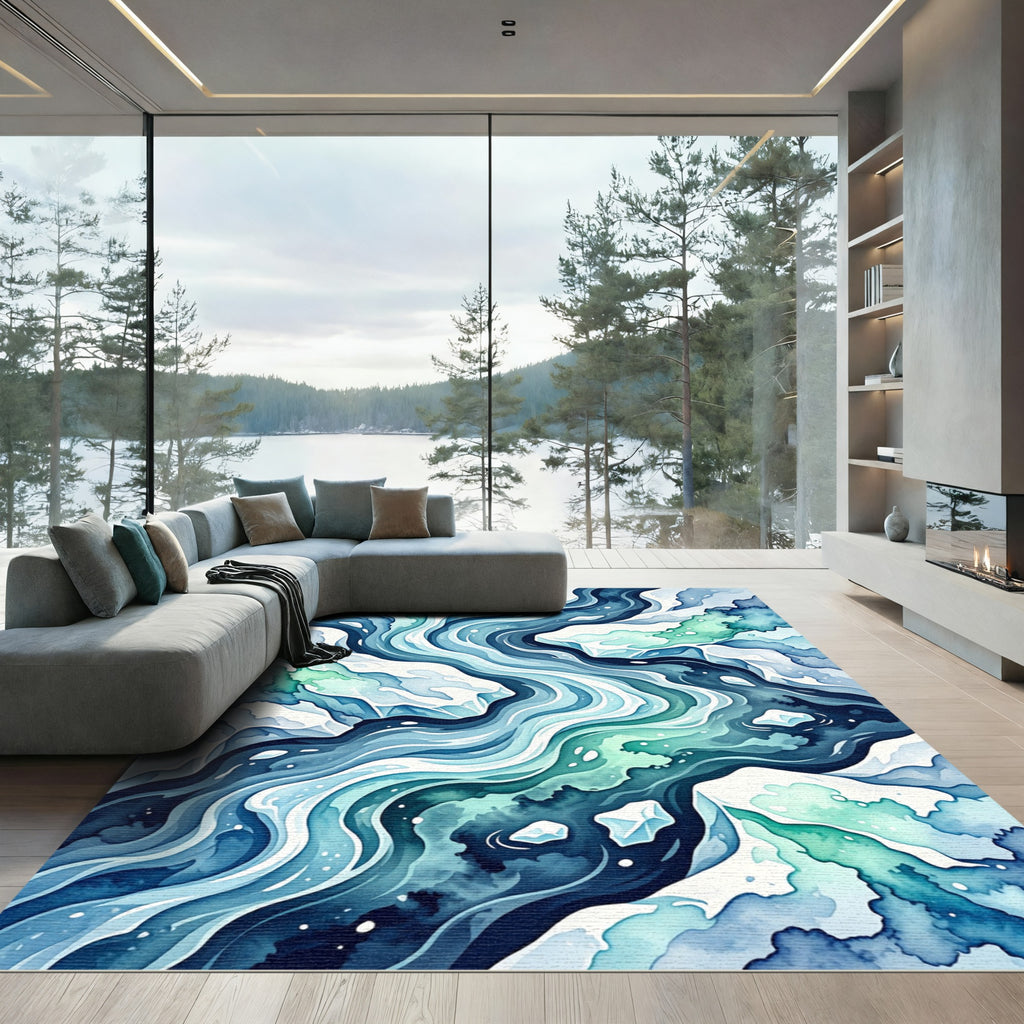 Abstract Blue Watercolor Ocean Wave Rug