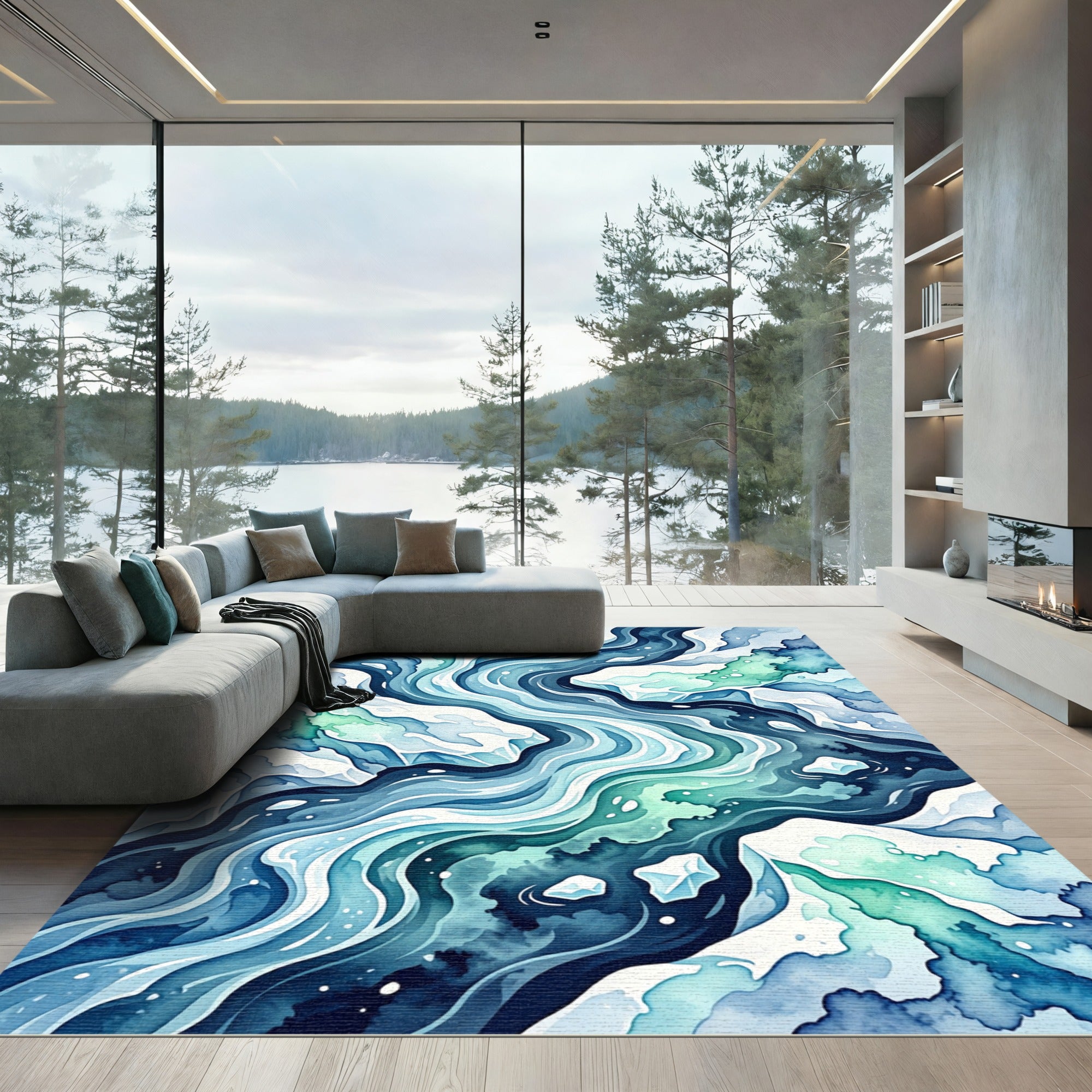 Abstract Blue Watercolor Ocean Wave Rug