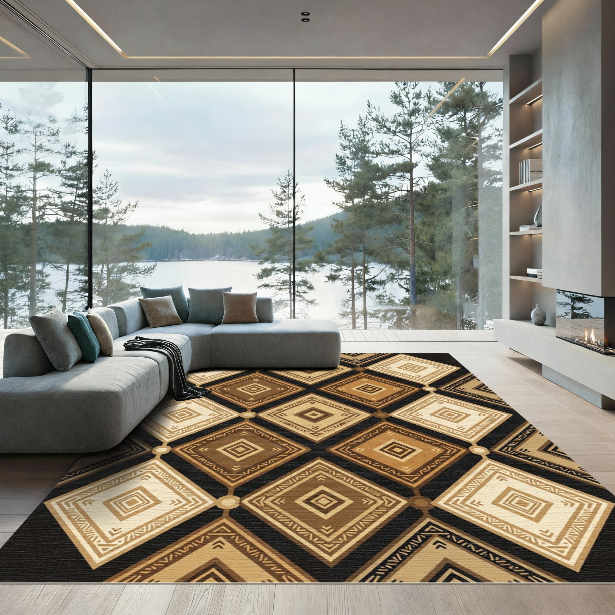 Earthy Geometric Diamond Grid Rug