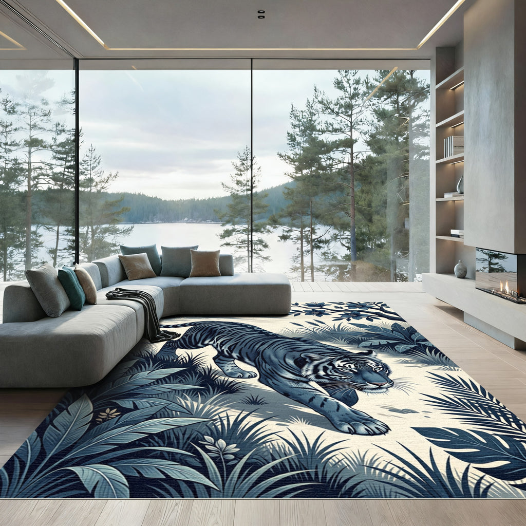 Midnight Blue Tiger Jungle Scene Rug