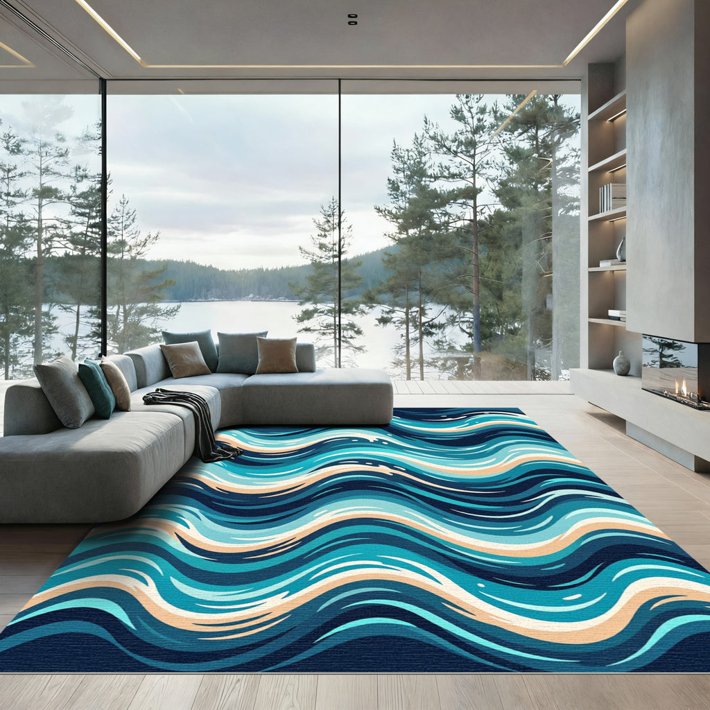 Abstract Oceanic Waves in Cyan and Navy Rug