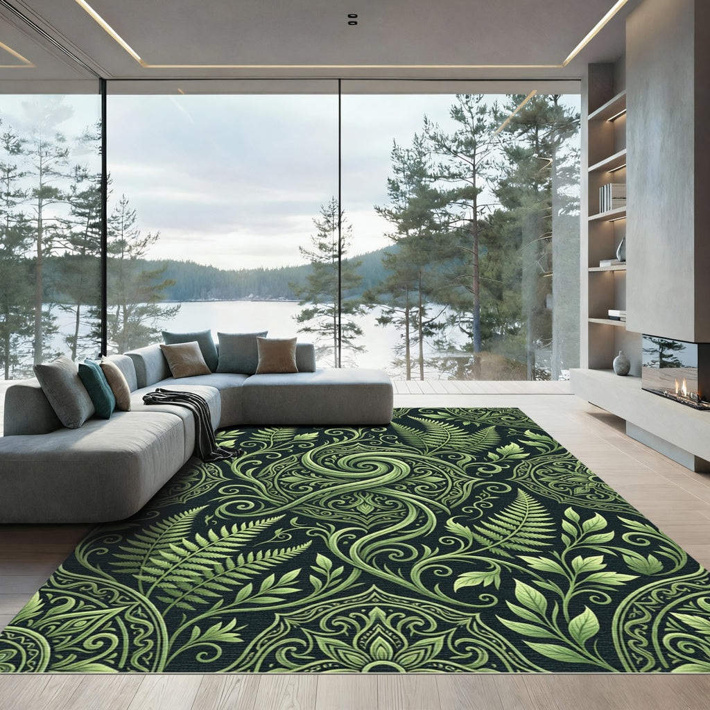 Lush Emerald Fern Swirl Botanical Rug