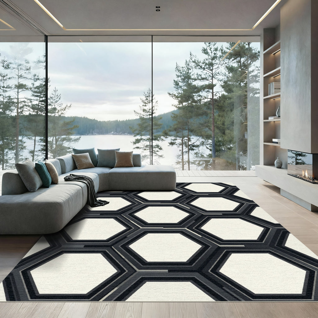 Monochrome Layered Hexagon Grid Rug