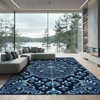 Deep Blue Baroque Fleur-de-lis Medallion Rug