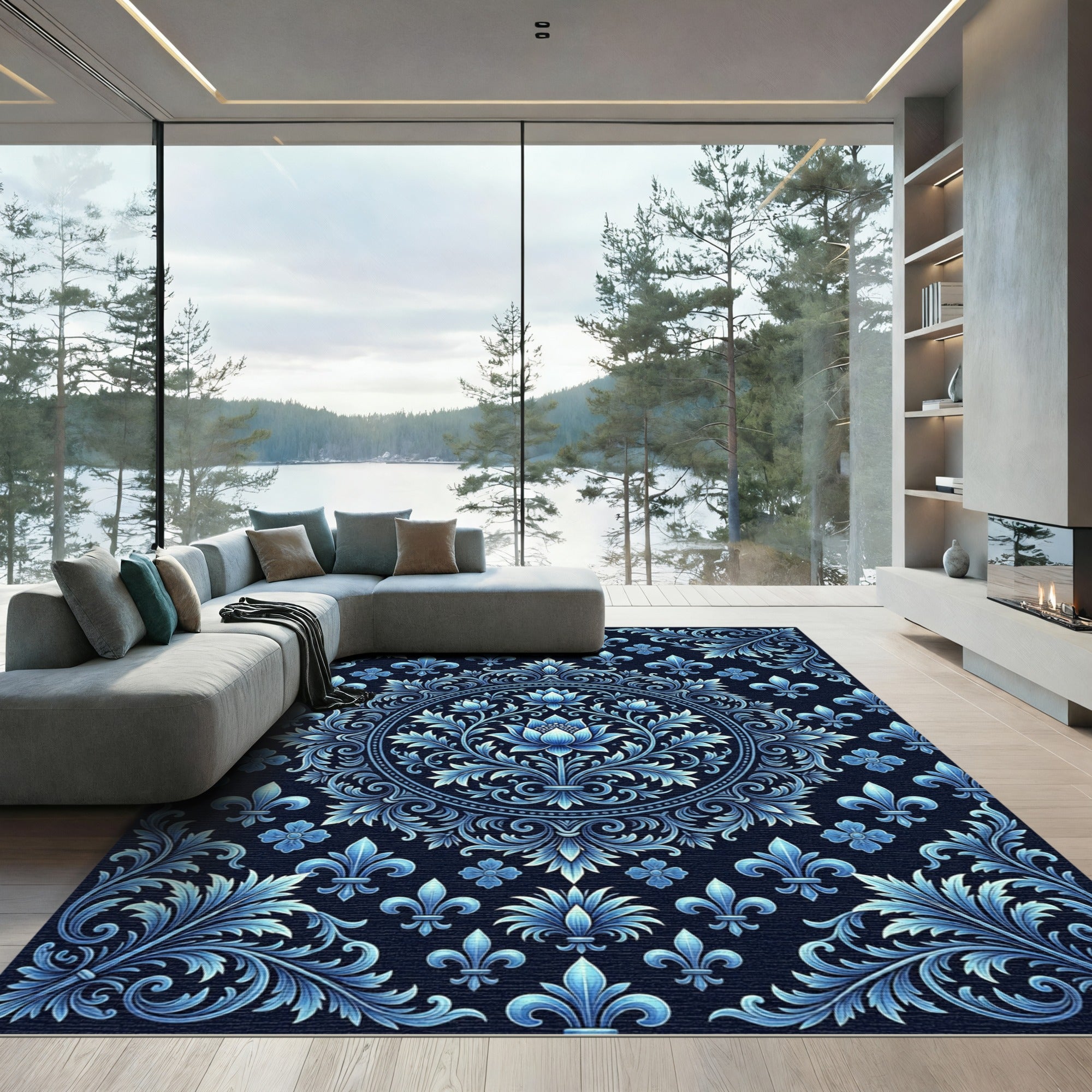 Deep Blue Baroque Fleur-de-lis Medallion Rug