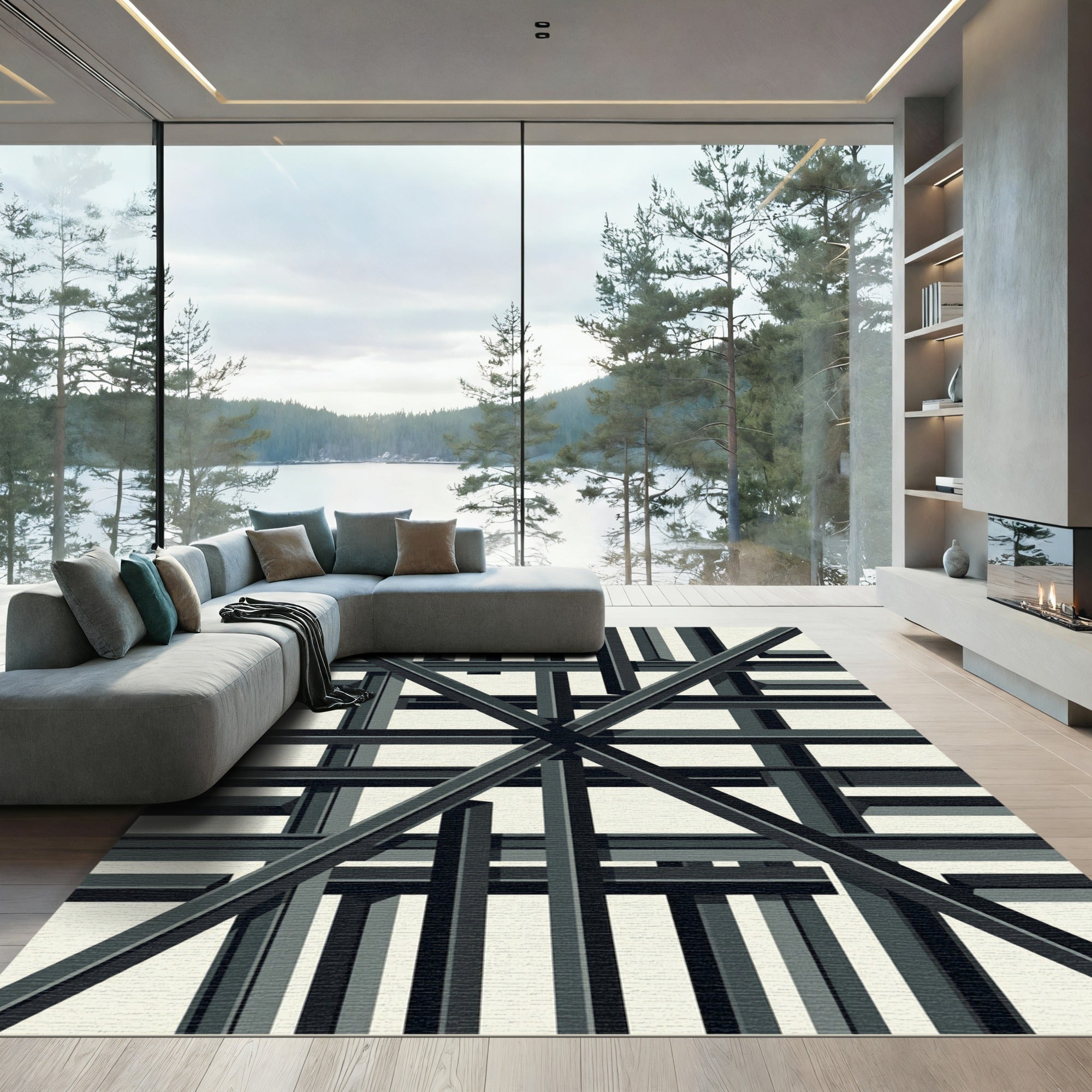 Charcoal Gray Geometric Stacking Bars Rug