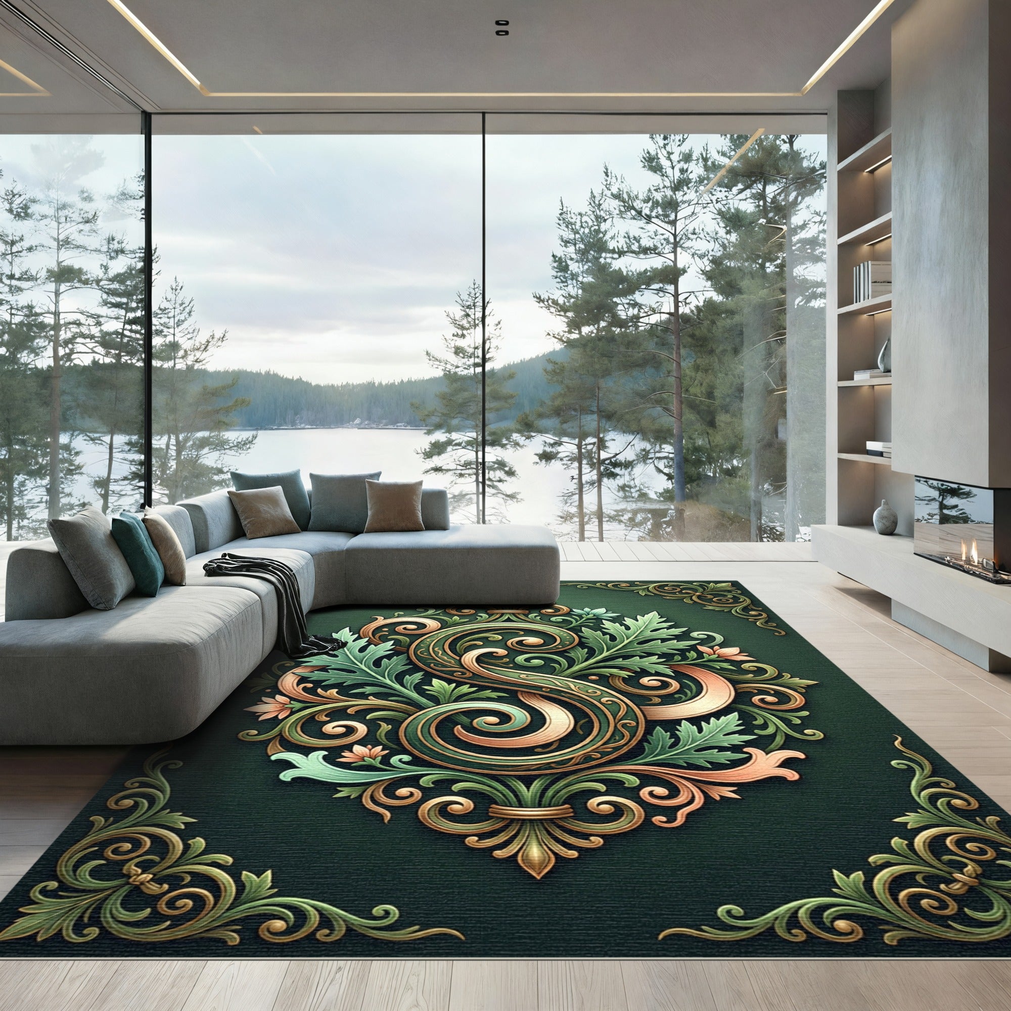 Ornate Sage Floral Scroll Monogram Rug
