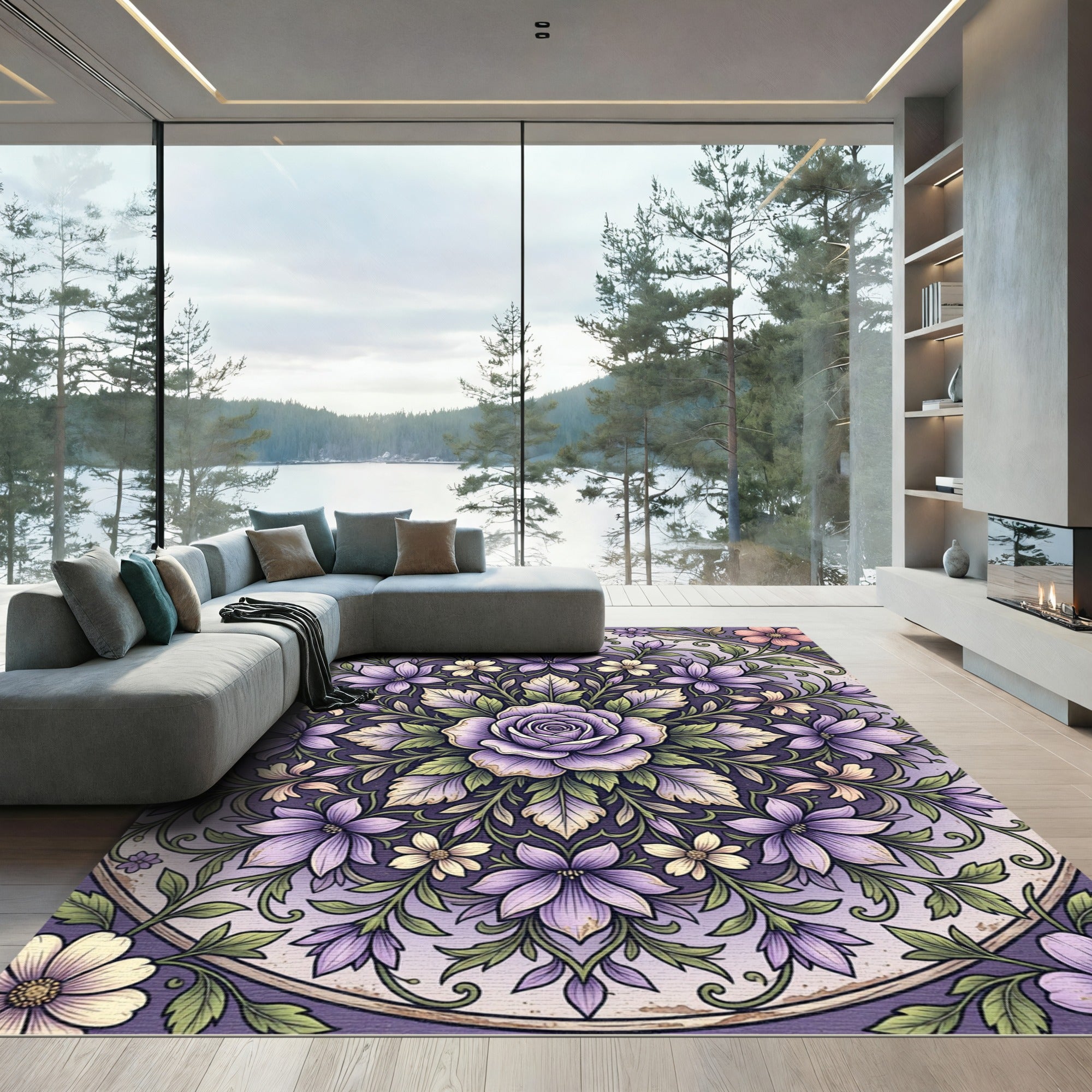 Elegant Lavender Rose Floral Mandala Rug