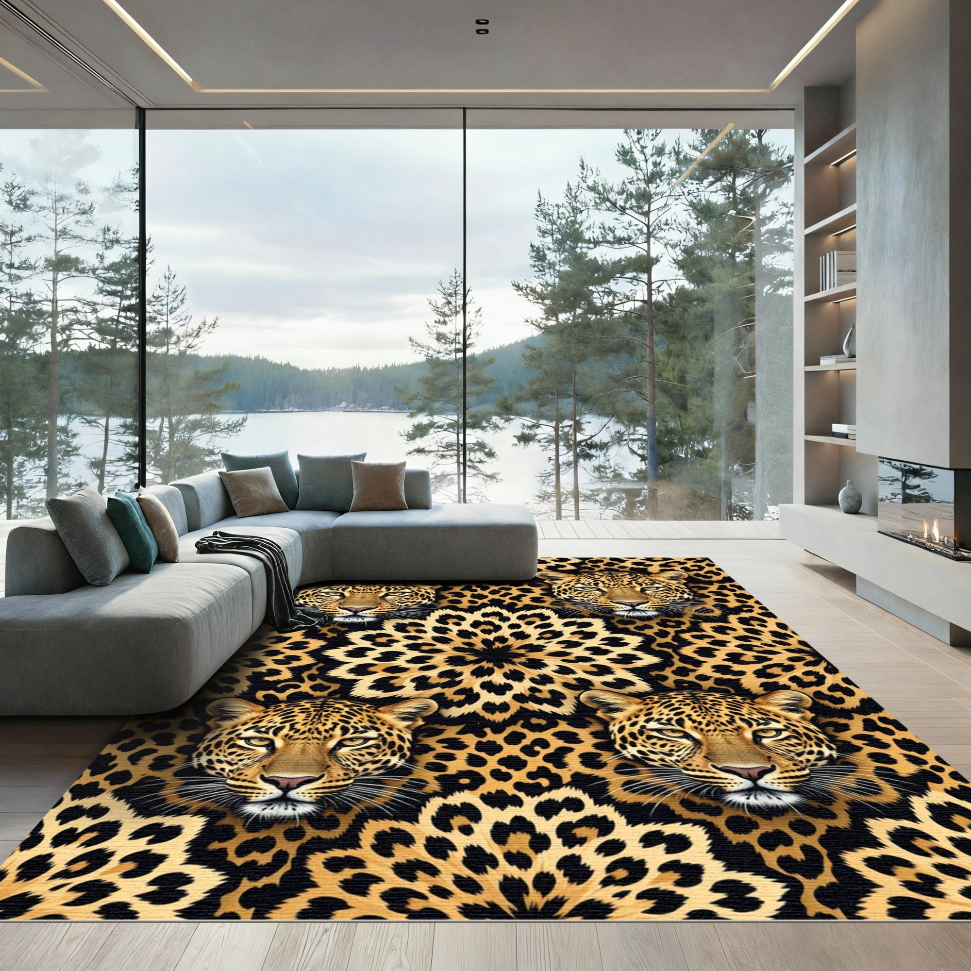 Golden Leopard Face and Rosette Medallion Rug