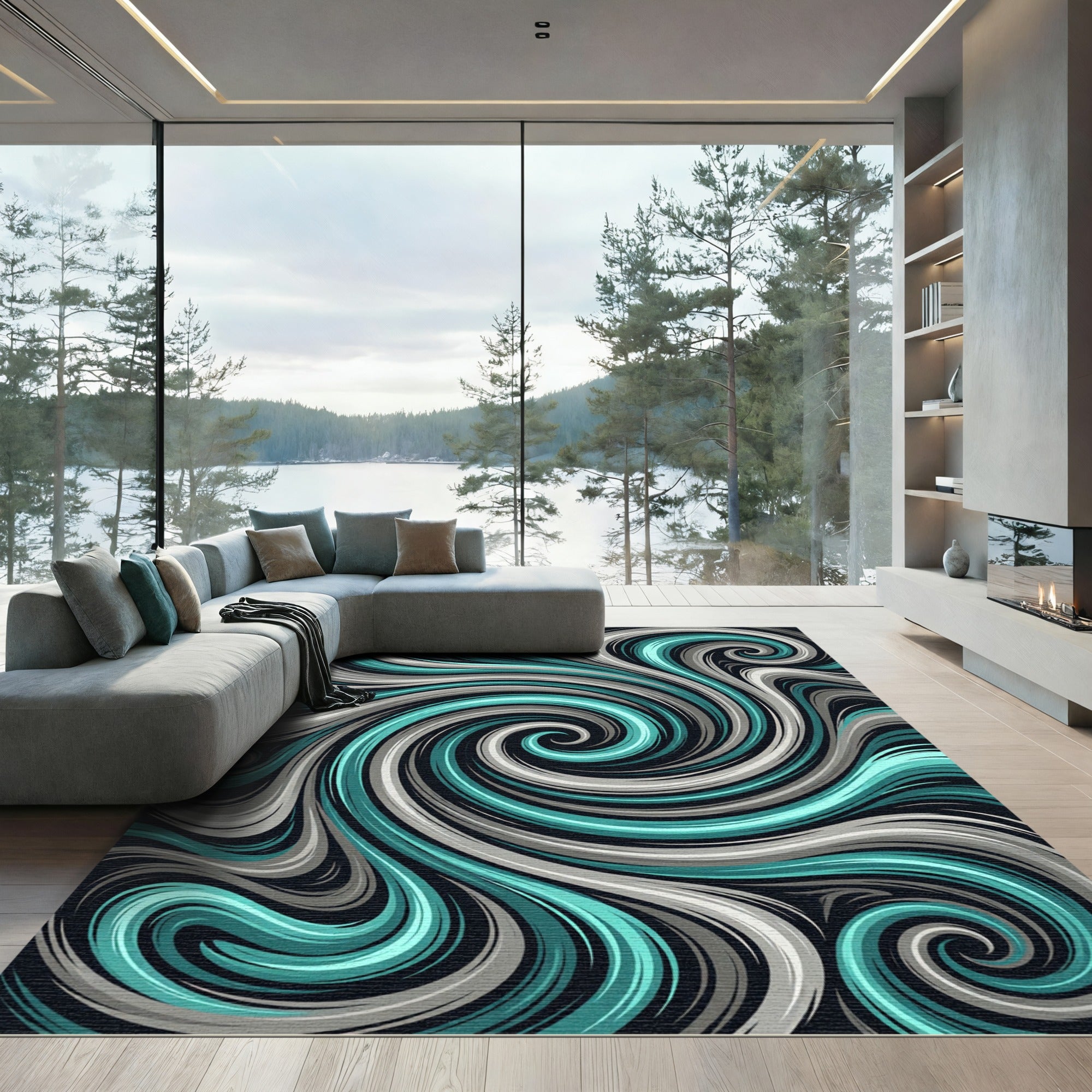 Aquamarine Gray Swirl Abstract Rug