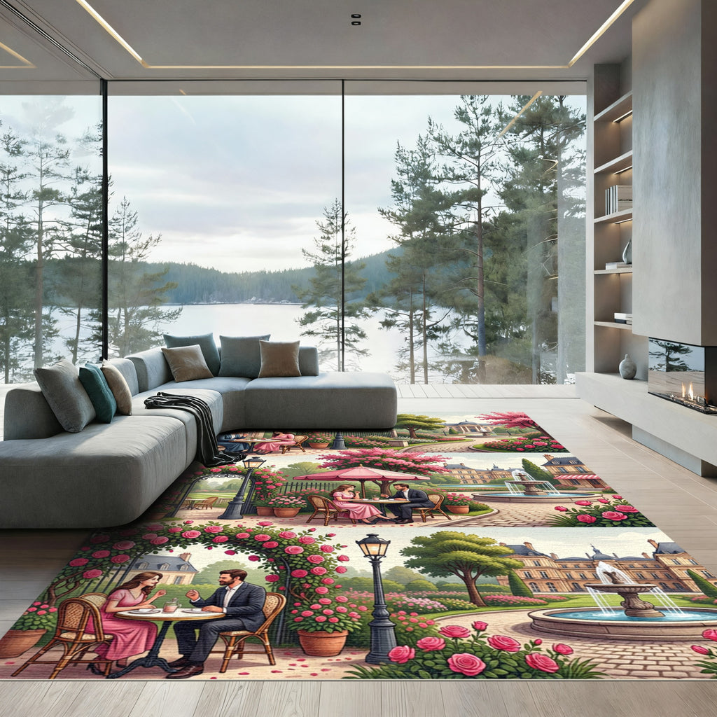 Pink Rose Garden Couple Scene Rug