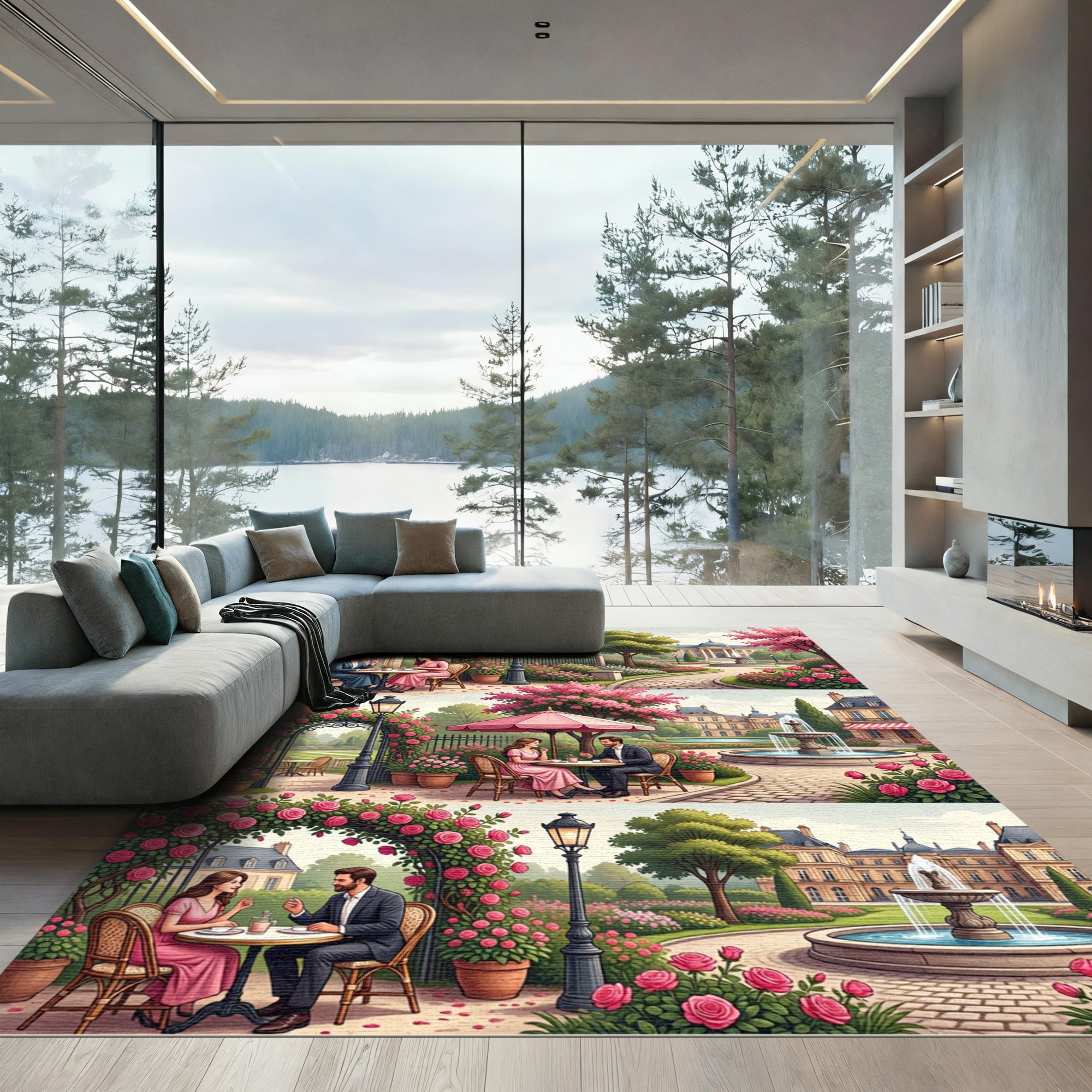 Pink Rose Garden Couple Scene Rug