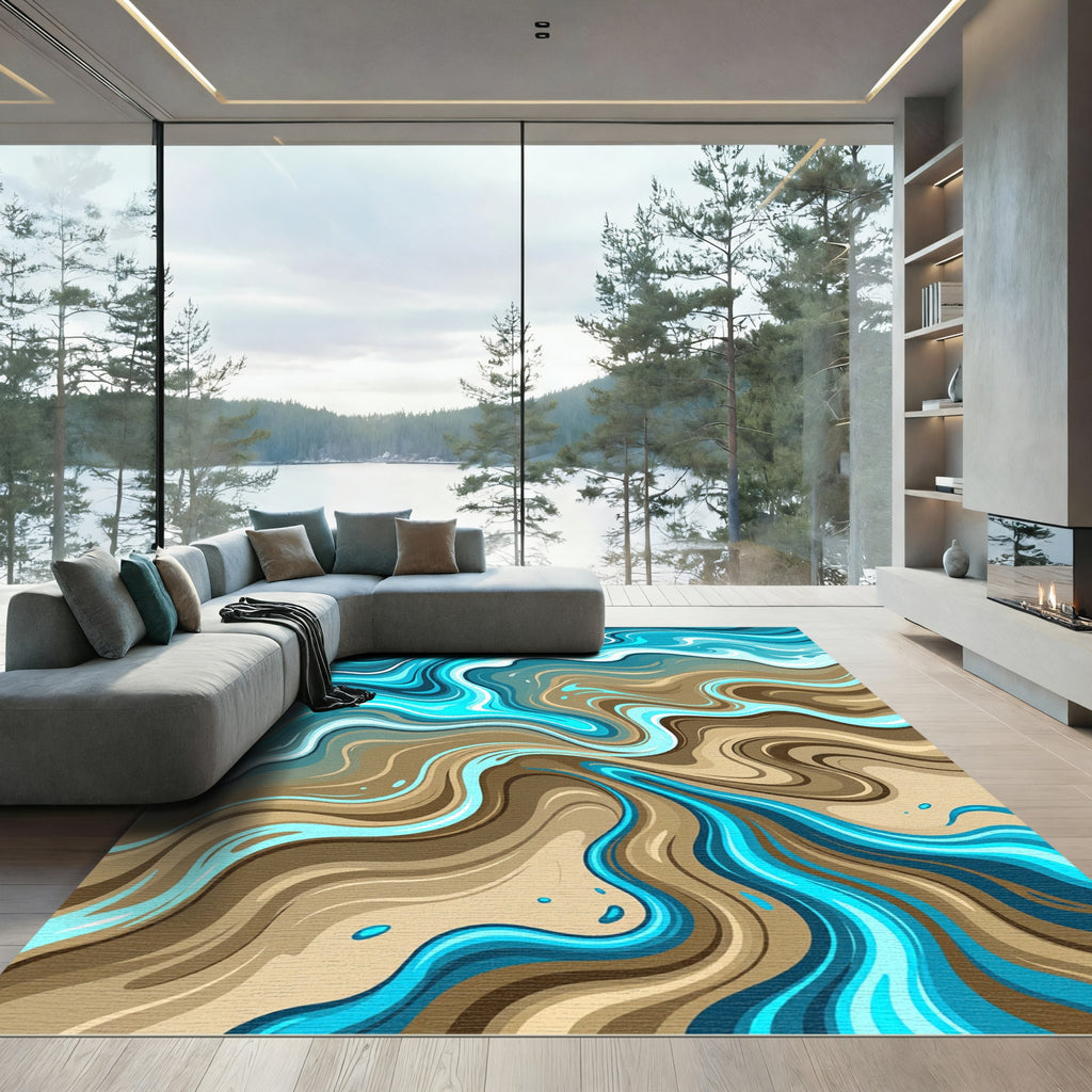Aqua Brown Swirling Abstract Waves Rug