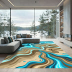 Aqua Brown Swirling Abstract Waves Rug