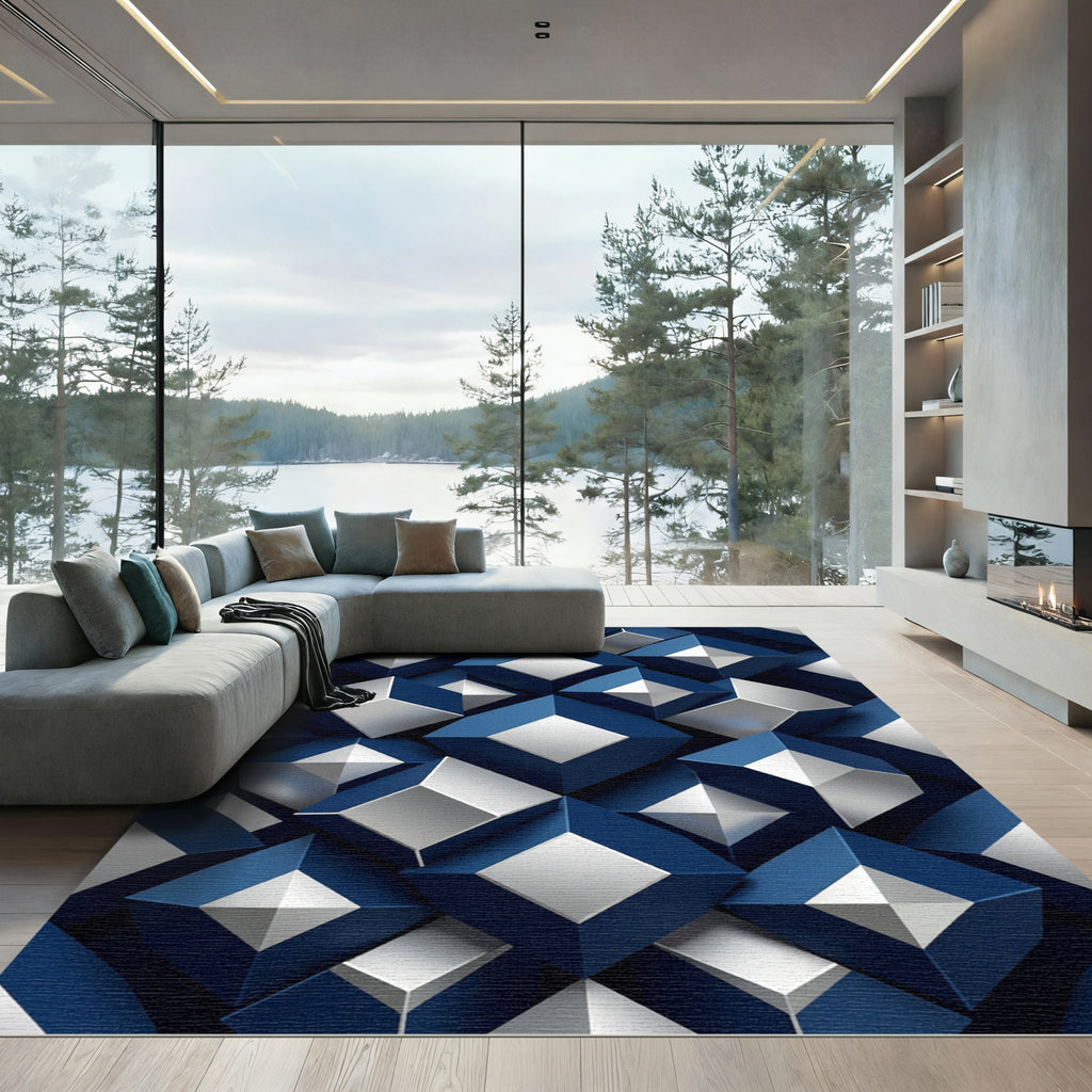 Modern Navy Blue Geometric 3D Cube Rug