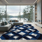 Modern Navy Blue Geometric 3D Cube Rug
