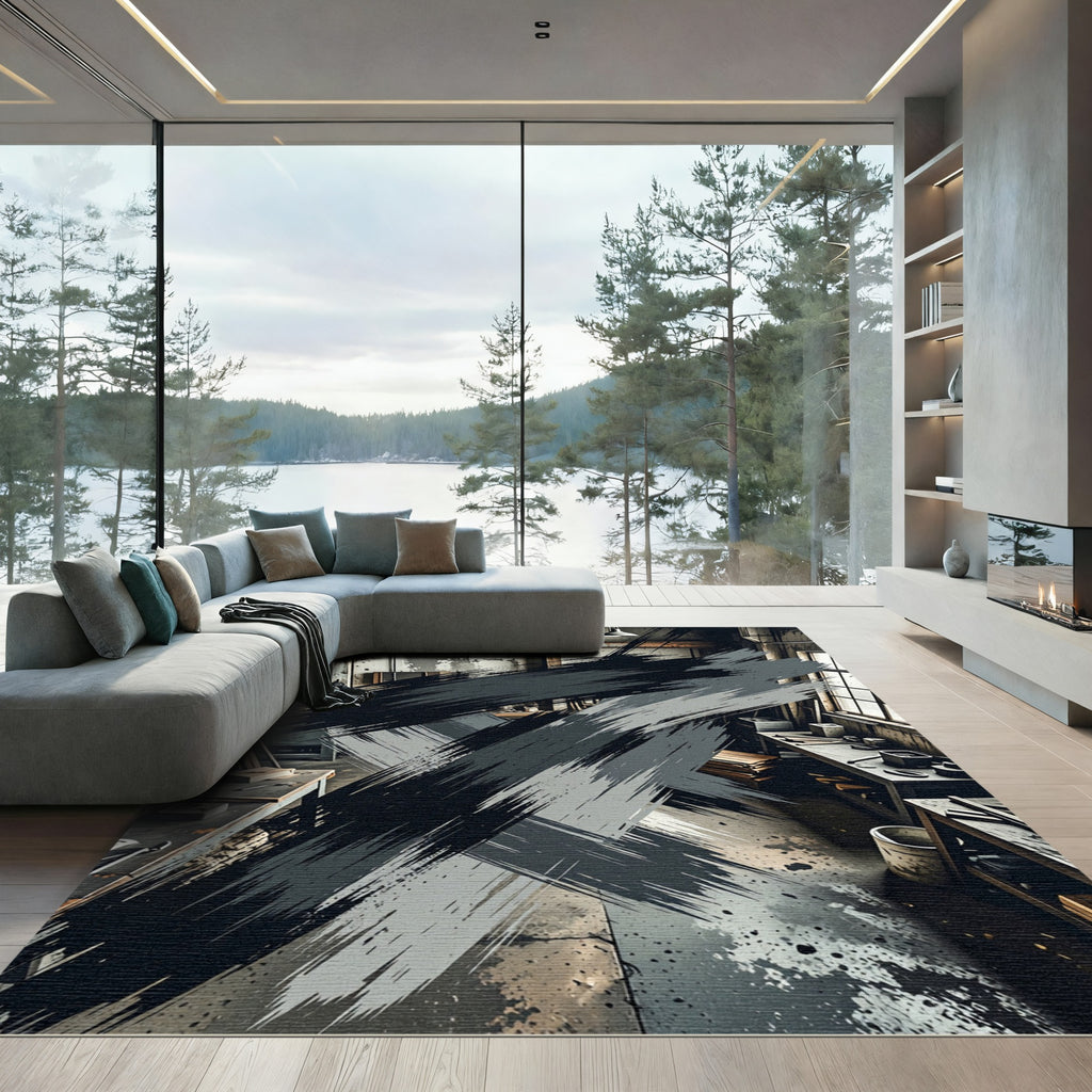 Abstract Charcoal Brush Stroke Ink Rug