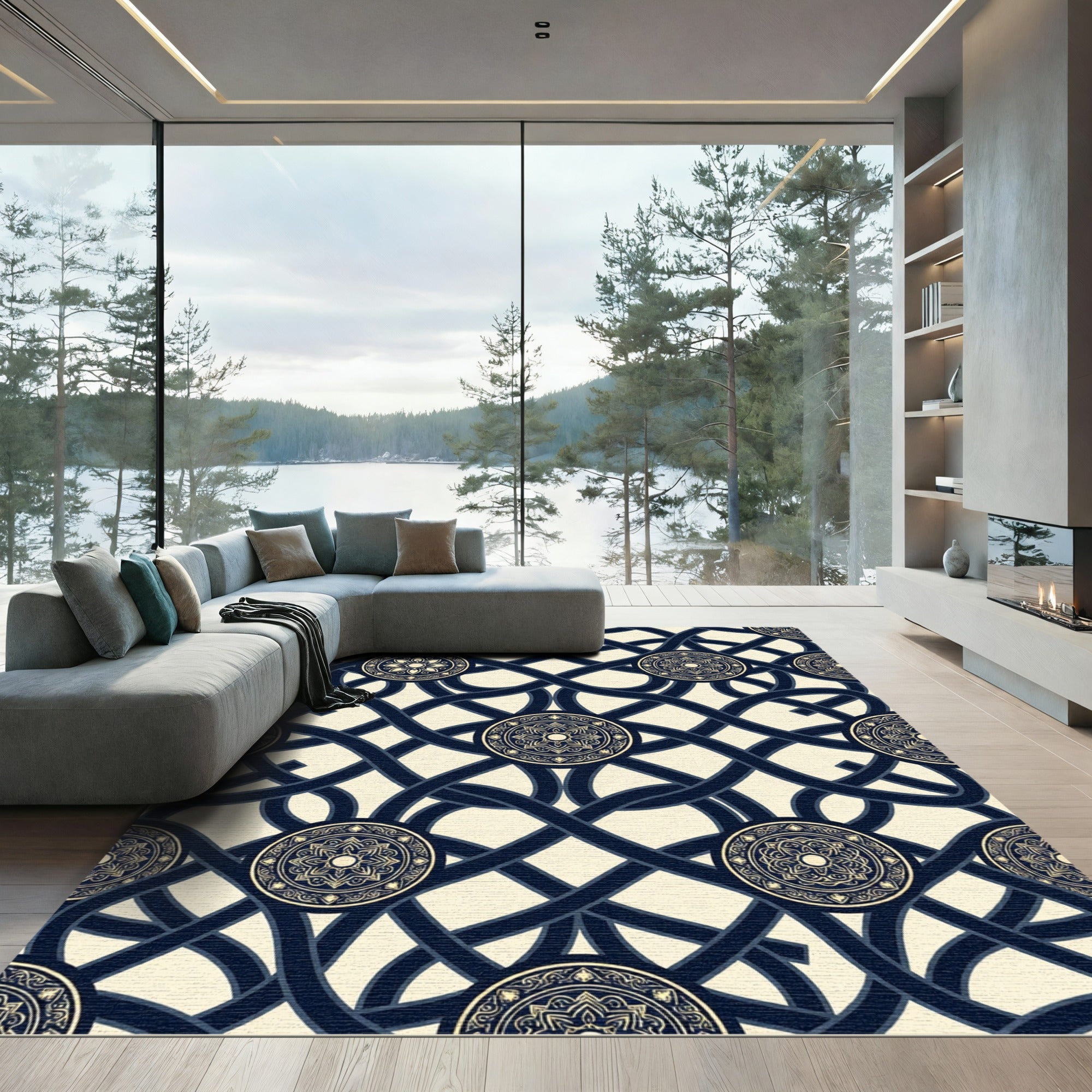 Navy Intertwined Lines Gold Mandala Rug