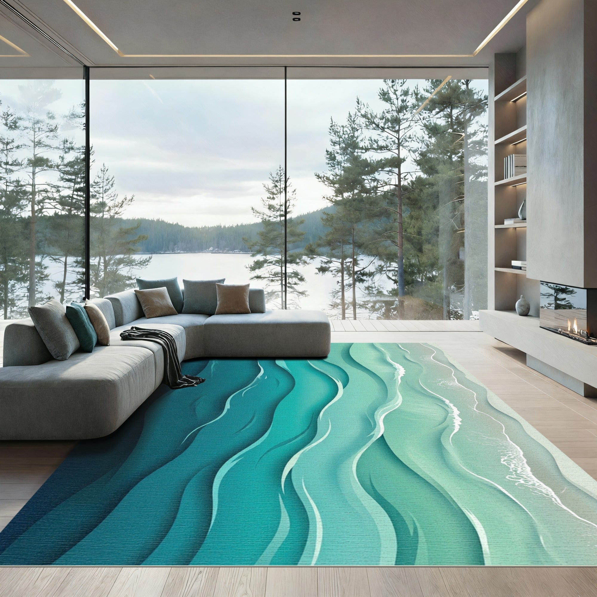 Modern Gradient Teal Ocean Wave Rug