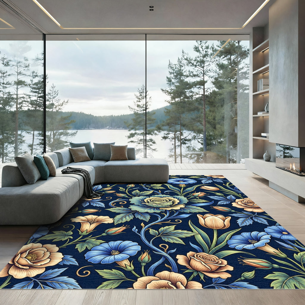 Peachy Blush Blue Floral Scrollwork Rug
