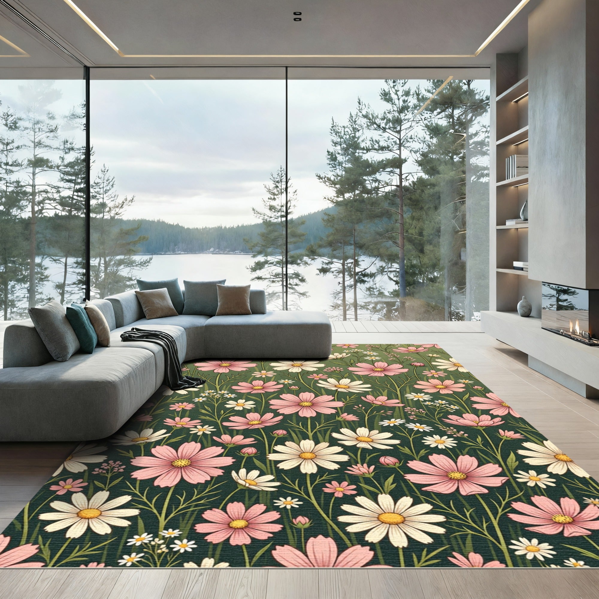 Blushing Floral Meadow on Sage Green Rug