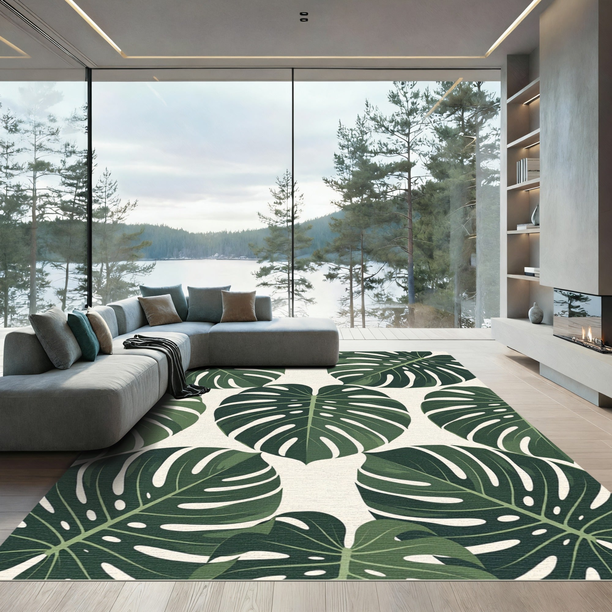 Dark Green Tropical Leaf Pattern Rug