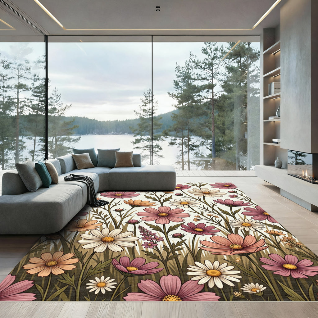 Earthy Pastel Cosmos Wildflower Meadow Rug