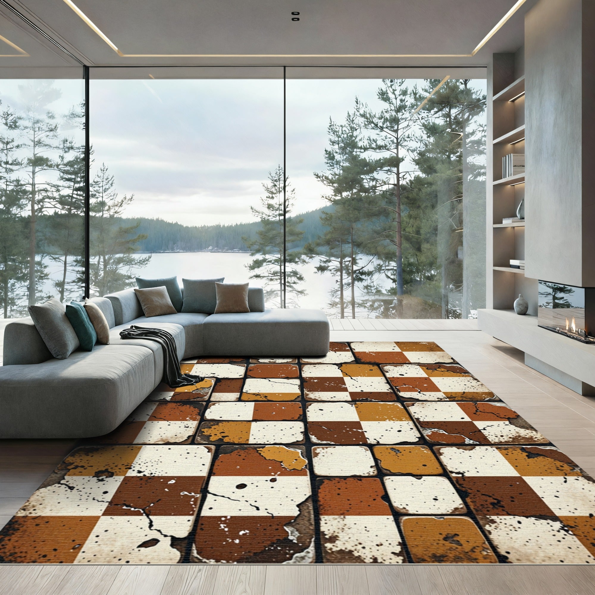 Weathered Ochre and Brown Checkered Tile Rug