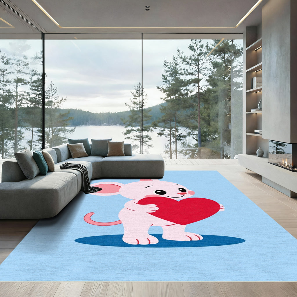 Cute pink mouse holding red heart Rug