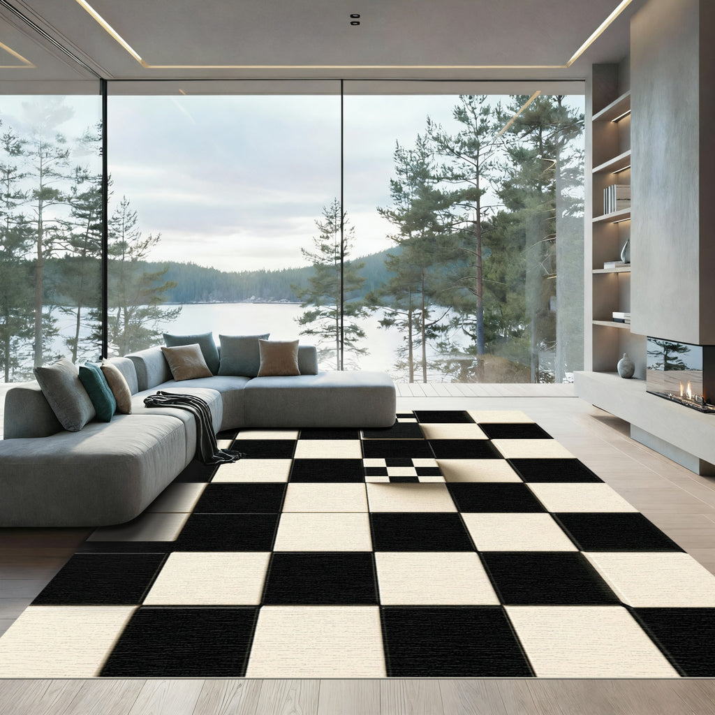 Abstract Monochrome Checkerboard Geometric Grid Rug