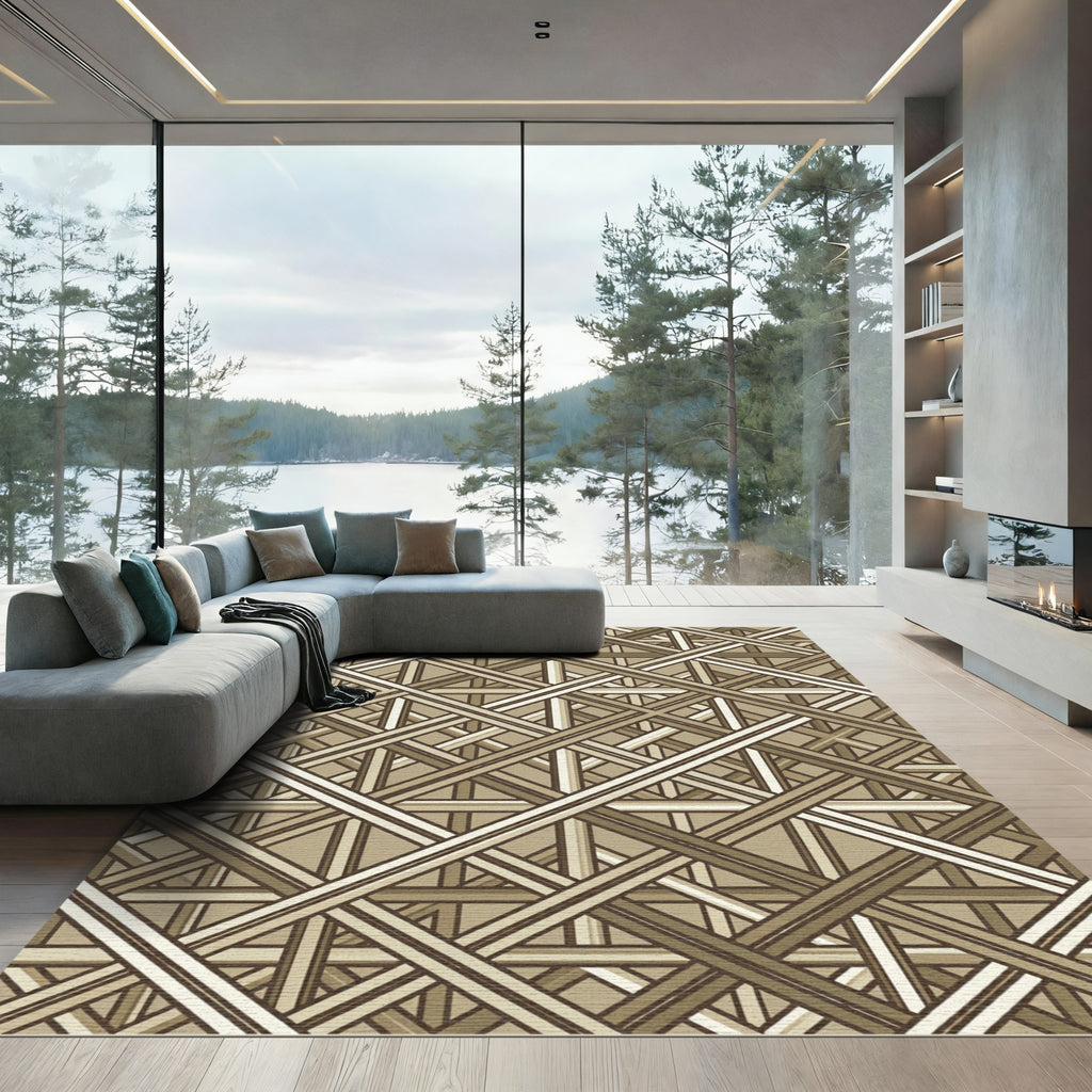 Geometric Taupe Lattice Intersecting Lines Rug