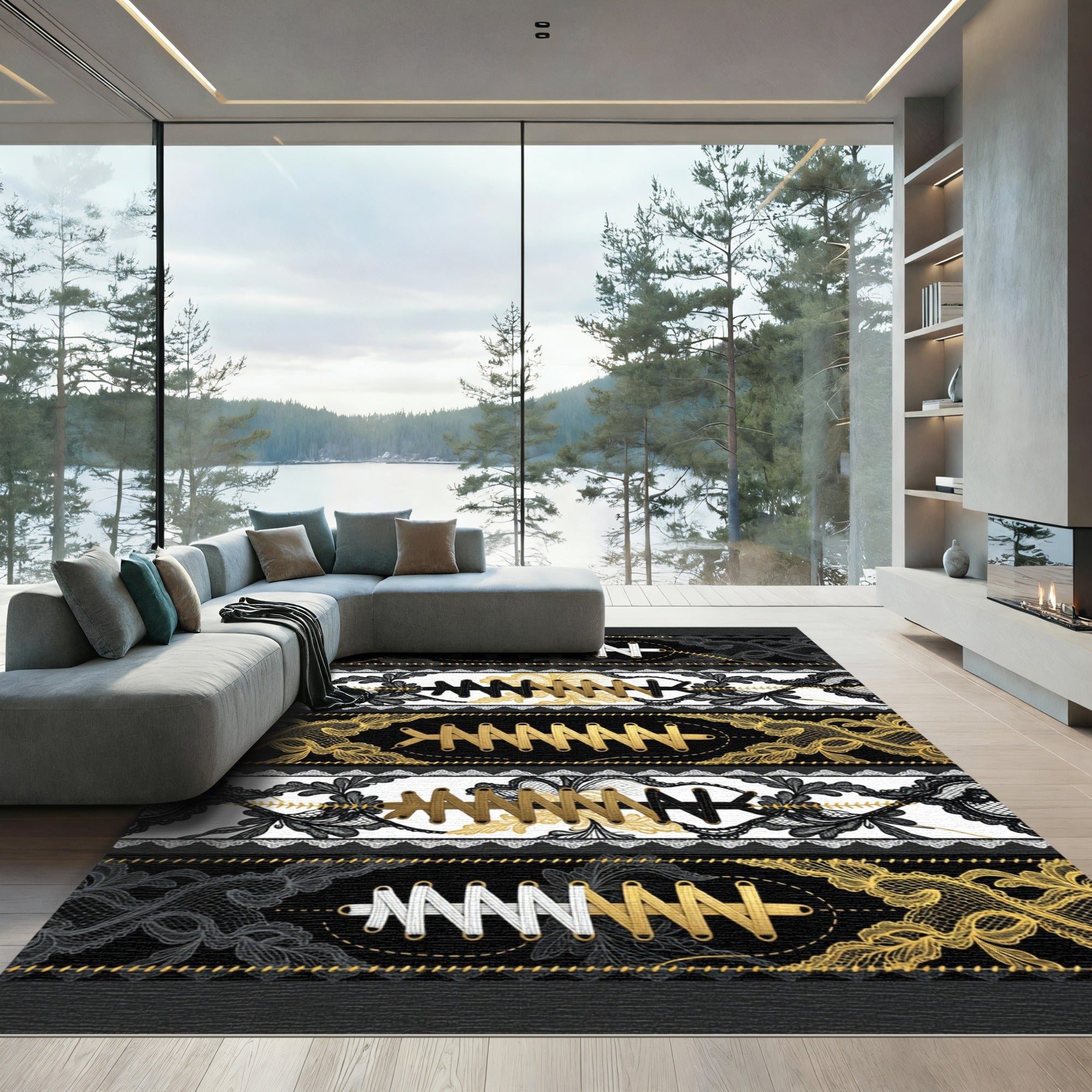 Lace Corset Black Gold Striped Art Rug