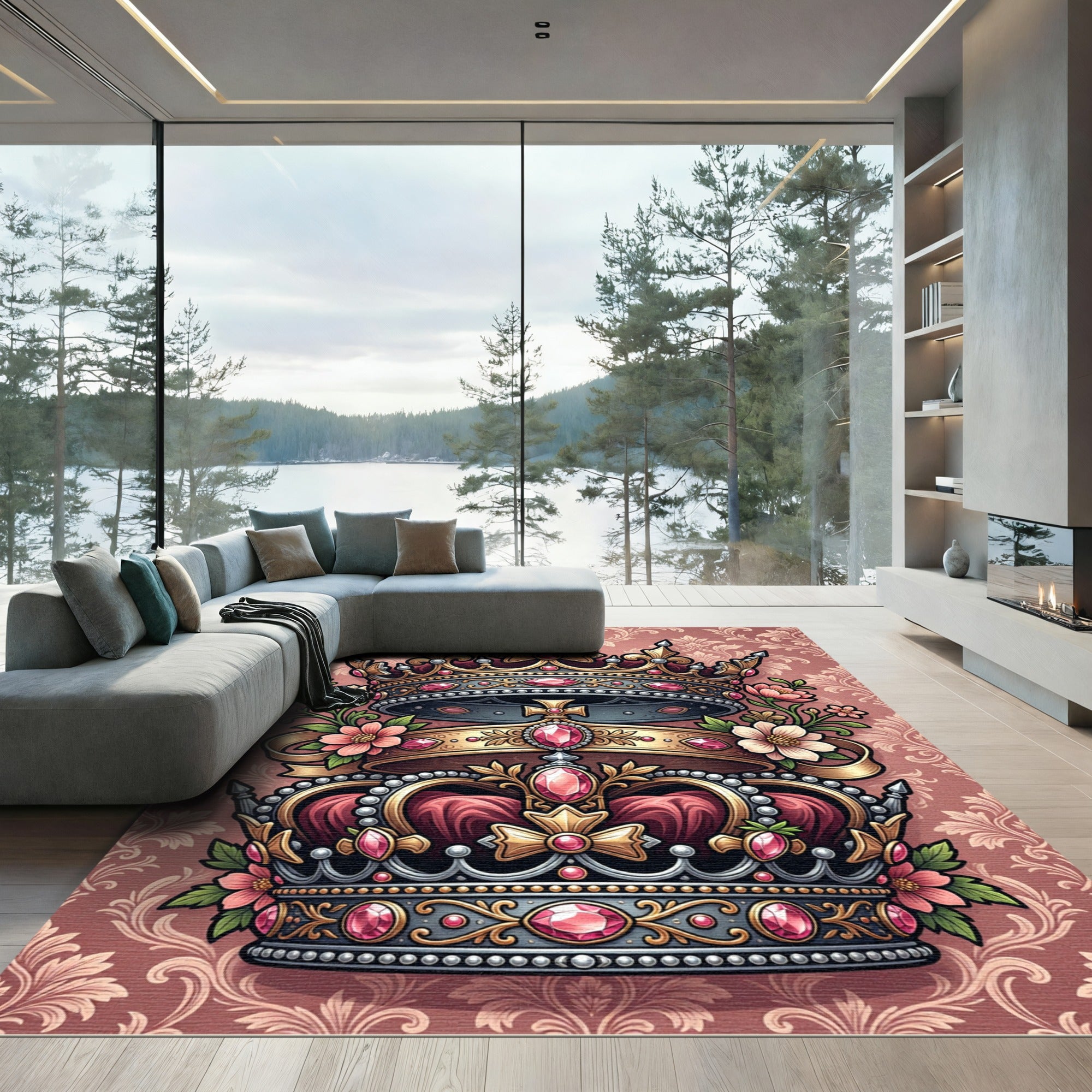 Rose Gold Crown Jeweled Floral Medallion Rug