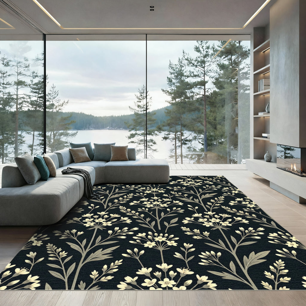 Cream Blossom Branch Dark Background Rug
